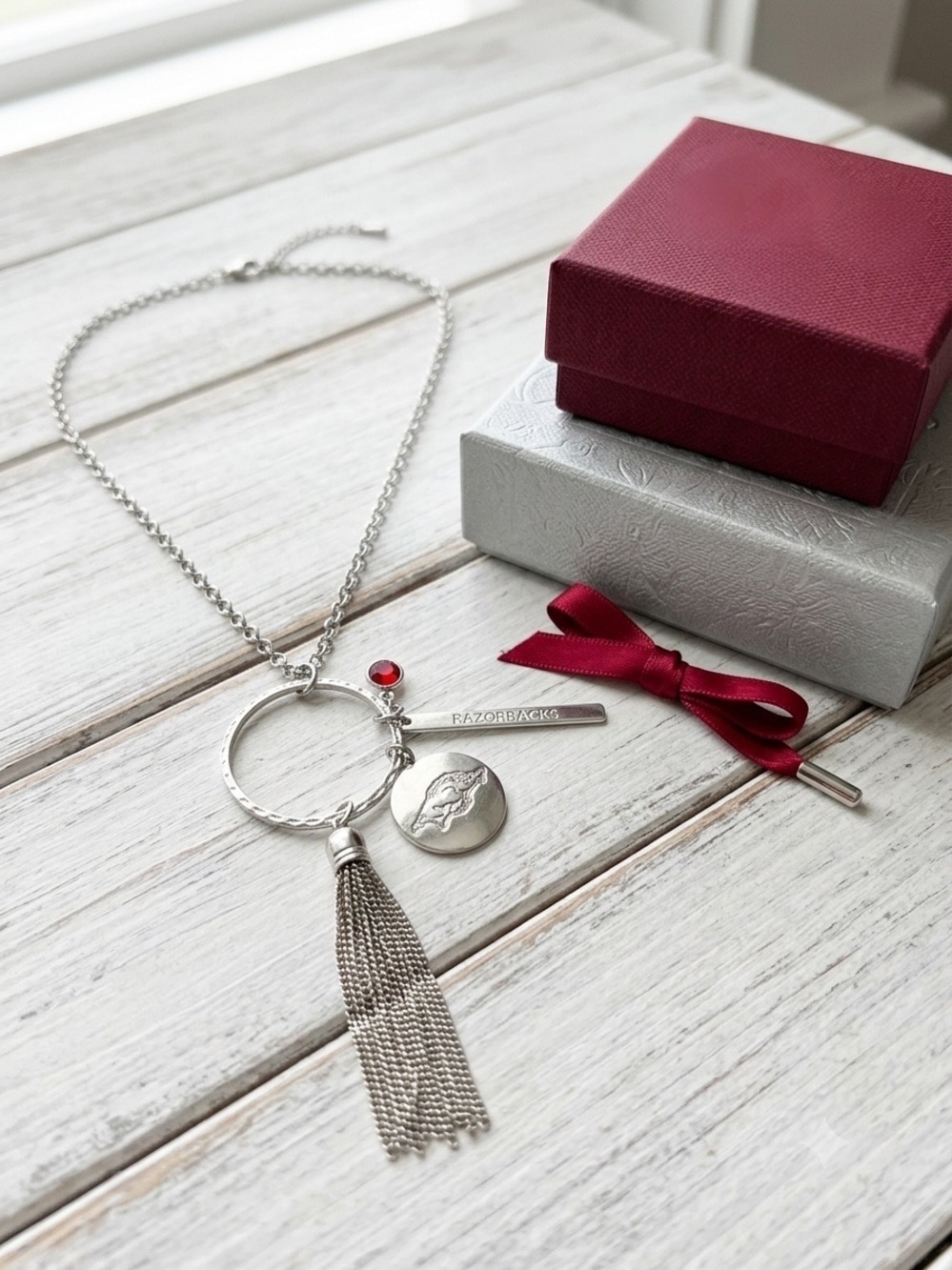 Emerson Street Arkansas Razorbacks Gabby Tassel Necklace Silver Tone Charm